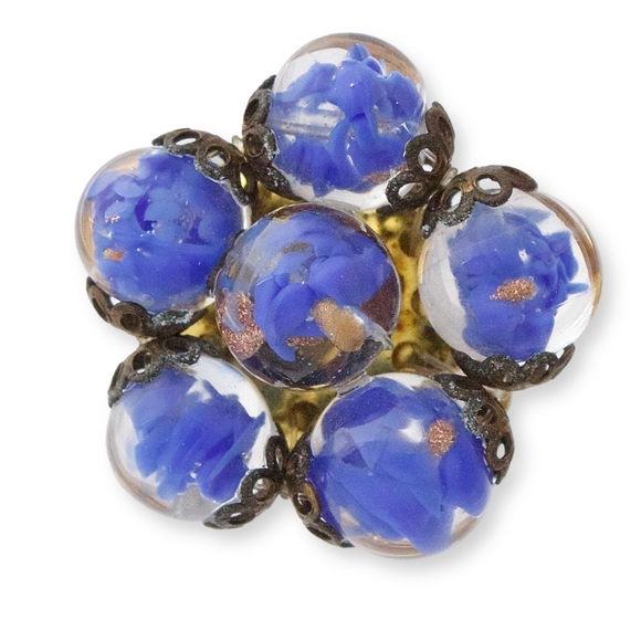 Vintage Venetian Glass Bead Clip On Earrings Cobalt Blue Aventurine Murano Italy - Picture 3 of 5